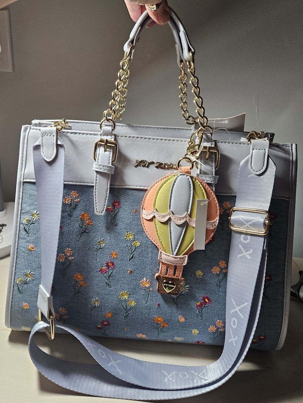 NWT Betsey Johnson Xobeca Denim Floral Satchel Crossbody Bag Hot Air Balloon